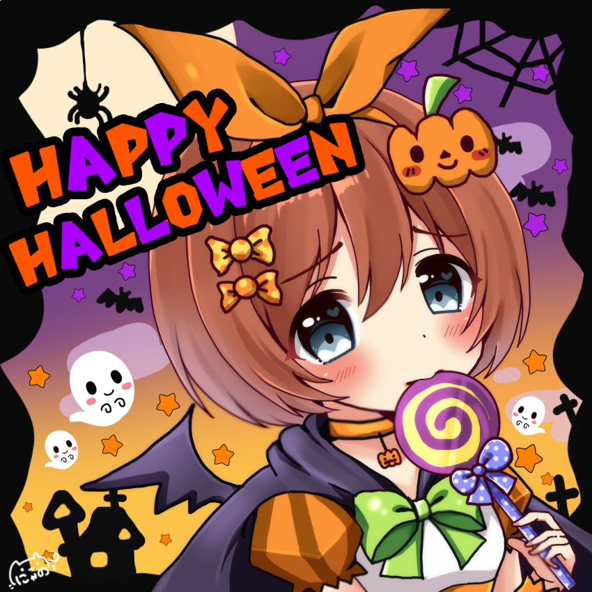 1girl bangs bat bat_wings black_cape black_wings blue_eyes blush bow brown_hair bug candy cape commentary_request eyebrows_visible_through_hair food ghost gradient_sky green_bow hair_between_eyes hair_bow halloween head_tilt heart heart_in_eye highres holding holding_food holding_lollipop kuribayashi_kurumi lollipop looking_at_viewer nyano21 orange_bow orange_sky polka_dot polka_dot_bow princess_connect! princess_connect!_re:dive puffy_short_sleeves puffy_sleeves purple_sky shirt short_hair short_sleeves signature silk sky solo spider spider_web star swirl_lollipop symbol_in_eye upper_body white_shirt wings yellow_bow