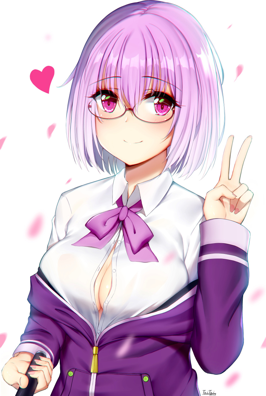 1girl absurdres artist_name blush breasts cleavage closed_mouth collared_shirt eyebrows_visible_through_hair glasses heart highres hood hoodie large_breasts long_sleeves looking_at_viewer partially_unbuttoned pink_eyes purple_hair shinjou_akane shirt signature smile ssss.gridman taitai uniform upper_body v white_shirt