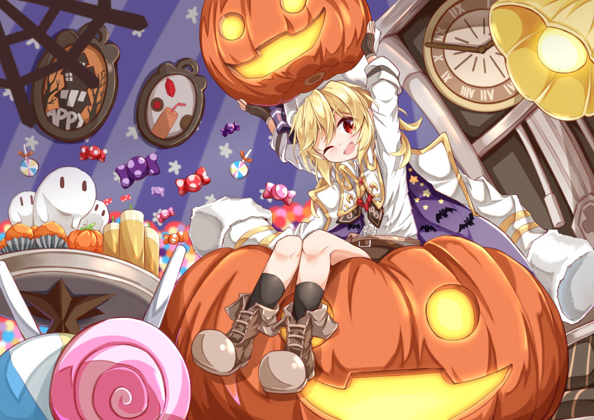 1girl ;d absurdres arms_up bangs black_legwear blush boots brown_footwear brown_gloves brown_shorts candle candy candy_wrapper center_frills clock commentary_request eyebrows_visible_through_hair fingerless_gloves food frills fur-trimmed_sleeves fur_trim ghost girls_frontline gloves glowing grandfather_clock hair_between_eyes head_tilt highres holding jack-o'-lantern jacket jacket_on_shoulders kneehighs lamp lollipop long_sleeves looking_at_viewer matsuo_(matuonoie) nagant_revolver_(girls_frontline) one_eye_closed open_mouth picture_frame pumpkin red_eyes roman_numerals shirt shorts smile solo star swirl_lollipop table white_jacket white_shirt