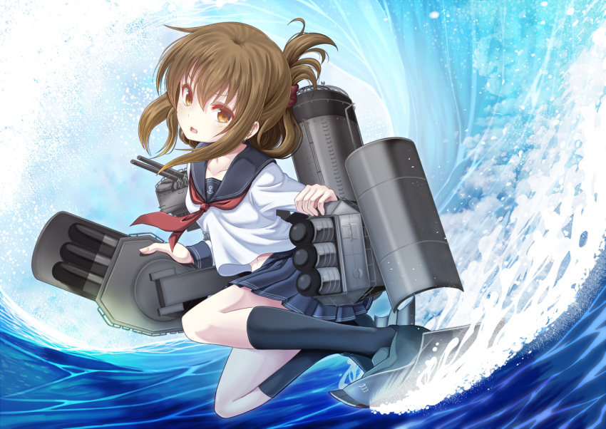 1girl anchor_symbol blue_skirt brown_eyes brown_hair cannon eyebrows_visible_through_hair folded_ponytail full_body inazuma_(kantai_collection) kantai_collection kneehighs long_hair looking_at_viewer miniskirt neckerchief ocean open_mouth outdoors pleated_skirt red_neckwear sailor_collar school_uniform serafuku shirt sidelocks skirt solo torpedo_launcher turret water waves white_shirt yatsu_seisakusho