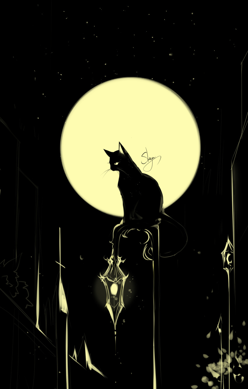 absurdres artist_name black_cat cat cat_focus chinese_commentary commentary_request full_moon highres lamppost moon night night_sky no_humans original outdoors sheya signature sitting sky star_(sky) starry_sky whiskers