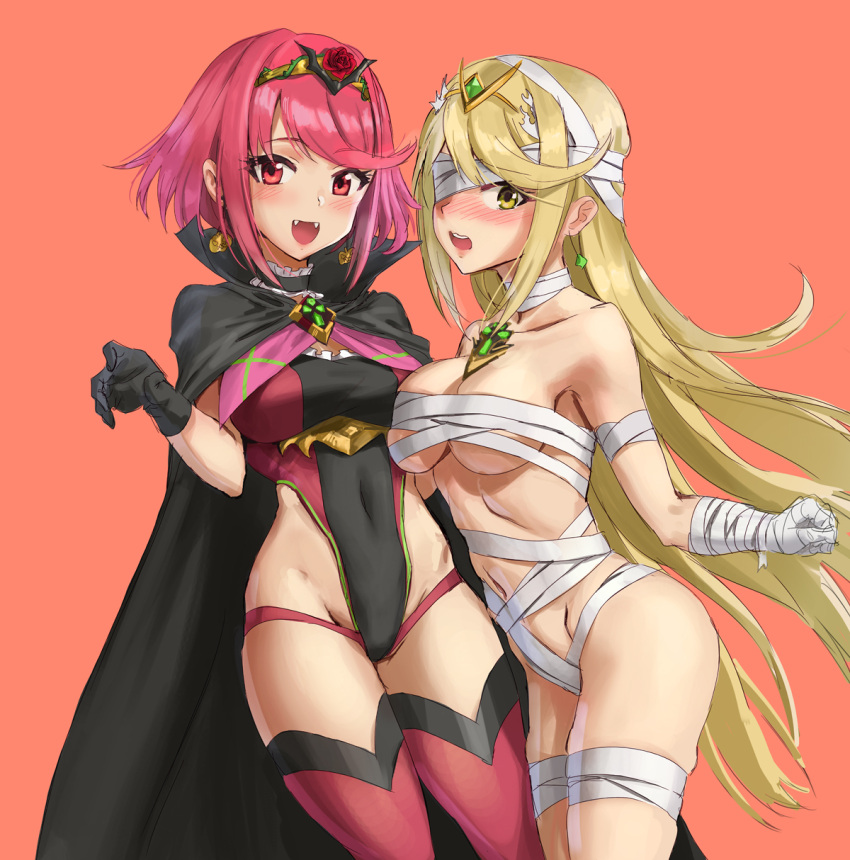 2girls adapted_costume athenawyrm bandage bandage_over_one_eye bandaged_arm bandaged_leg bandages bangs black_gloves blonde_hair blush breast_press breasts cape choker cleavage commentary covered_navel cowboy_shot earrings embarrassed english_commentary fangs from_side gloves hairband halloween_costume highleg highleg_leotard highres mythra_(xenoblade) pyra_(xenoblade) jewelry large_breasts leotard long_hair looking_at_viewer multiple_girls naked_bandage nintendo open_mouth pink_eyes pink_hair red_legwear short_hair simple_background skindentation swept_bangs thigh-highs xenoblade_(series) xenoblade_2 yellow_eyes