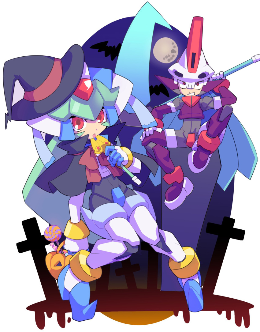 1boy 1girl android bat black_capelet bodysuit brown_hair candy capelet energy_blade food full_moon green_hair grin halloween halloween_basket hand_on_own_knee hat highres holding holding_lollipop knees_together_feet_apart lollipop moon omeehayo pandora_(rockman) prometheus pumpkin red_eyes red_ribbon ribbon rockman rockman_zx scythe smile weapon witch_hat