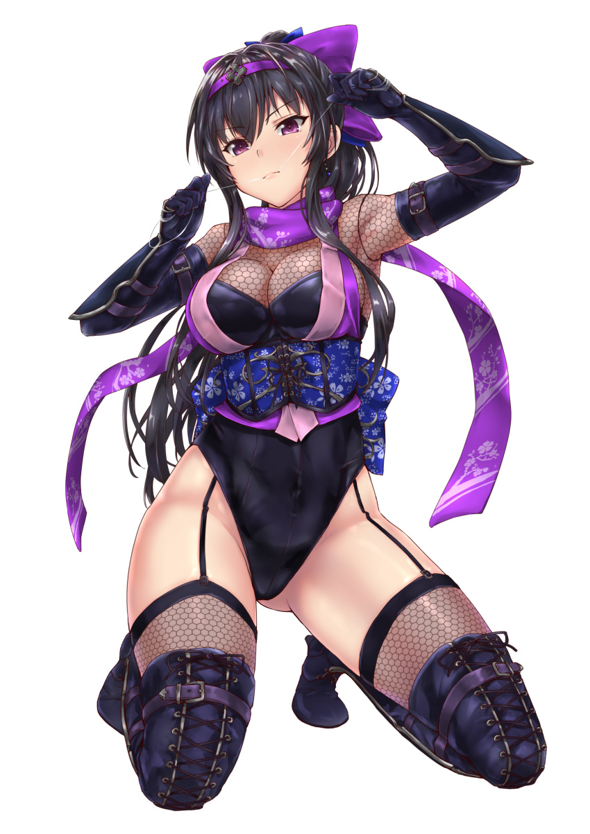 1girl arm_guards armor black_hair black_leotard boots bow breasts cross-laced_footwear elbow_gloves fishnet_legwear fishnets floral_print full_body garter_straps gloves hair_bow hairband highres holding japanese_clothes kneeling kunoichi_(sengoku_musou) lace-up_boots large_breasts leotard ninja obi original purple_scarf sash scarf shiny shiny_clothes shiny_hair shiny_skin sidelocks simple_background solo string thigh-highs thigh_boots tori@gununu transparent_background violet_eyes