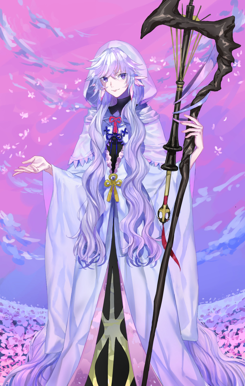 1girl cloak closed_mouth fate/grand_order fate_(series) flower full_body genderswap genderswap_(mtf) highres hood hood_up hooded_cloak lavender_hair long_hair looking_at_viewer merlin_(fate) merlin_(fate/prototype) nipi27 petals pink_sky robe staff very_long_hair violet_eyes white_cloak white_robe wide_sleeves