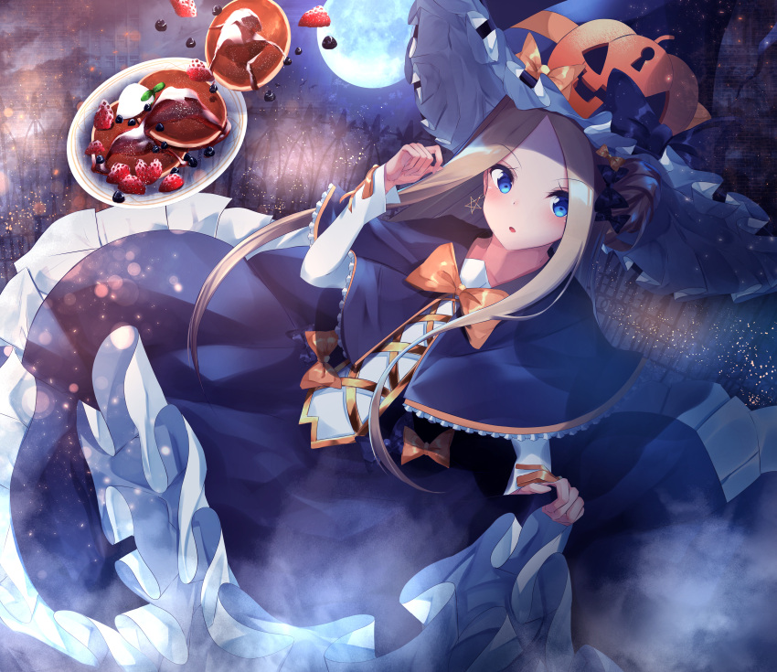 1girl abigail_williams_(fate/grand_order) absurdres black_capelet black_dress blonde_hair blue_eyes blueberry blush capelet commentary_request dress dutch_angle earrings eyebrows_visible_through_hair fate/grand_order fate_(series) food forehead frilled_dress frills fruit full_moon hair_bun highres jack-o'-lantern jewelry keyhole long_hair long_sleeves looking_at_viewer moon pancake parted_lips pentagram plate shirt side_bun sidelocks skirt_hold solo strawberry suisen-21 v-shaped_eyebrows very_long_hair white_shirt