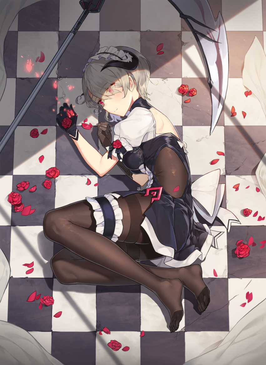 1girl aliceblue bangs black_dress black_gloves blush bodystocking breasts checkered checkered_floor closed_mouth commentary_request cracked_floor day dress eyebrows_visible_through_hair flower frilled_skirt frills full_body gloves grey_hair highres honkai_impact horns impossible_clothes leg_garter maid_headdress medium_breasts no_shoes on_floor petals pink_eyes puffy_short_sleeves puffy_sleeves red_flower red_rose rose rose_petals scythe short_hair short_sleeves side_cutout side_slit signature skirt smile solo sunlight victorian_maid