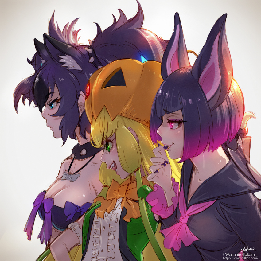 3girls :d animal_ears ascot bangs bat_ears bat_girl black_hair blonde_hair blue_eyes blunt_bangs bow bowtie breasts center_frills cerberus_(kemono_friends) collar commentary_request common_vampire_bat_(kemono_friends) dog_ears eyebrows_visible_through_hair fang gradient_hair green_eyes green_hair highres jack-o'-lantern_(kemono_friends) kemono_friends long_hair medium_breasts multicolored_hair multiple_girls nail_polish open_mouth orange_neckwear parted_lips pink pink_hair pink_neckwear profile purple_nails short_hair signature smile smirk spiked_collar spikes takami_masahiro teeth twintails twitter_username v-shaped_eyebrows