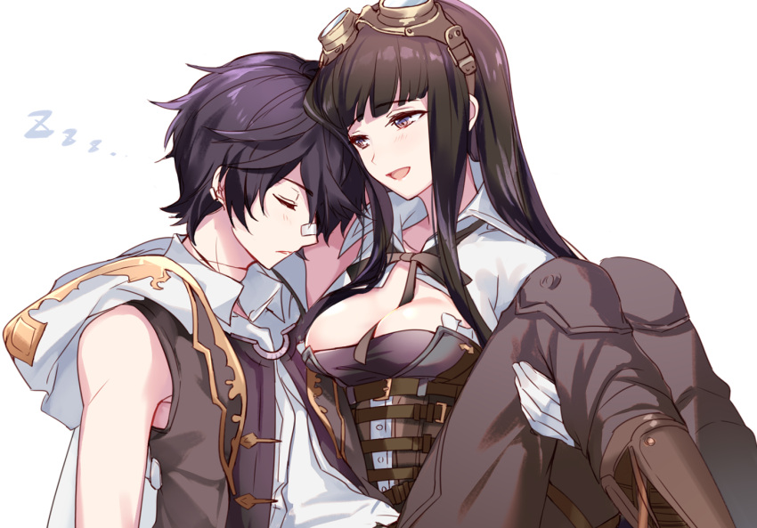 1boy 1girl :d ayer black_hair boots brother_and_sister brown_hair carrying gloves goggles goggles_on_head granblue_fantasy jessica_(granblue_fantasy) long_hair open_mouth pants princess_carry short_hair siblings smile white_gloves zzz