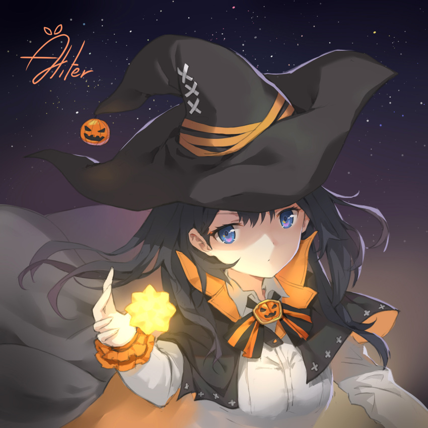 1girl aliter bangs black_cape black_hat blue_eyes bow breasts cape closed_mouth collared_shirt commentary_request eyebrows_visible_through_hair glowing hair_between_eyes halloween hand_up hat highres jack-o'-lantern long_sleeves looking_at_viewer medium_breasts multicolored multicolored_cape multicolored_clothes night night_sky orange_cape original shirt signature sky solo star_(sky) starry_sky striped striped_bow upper_body white_shirt witch_hat