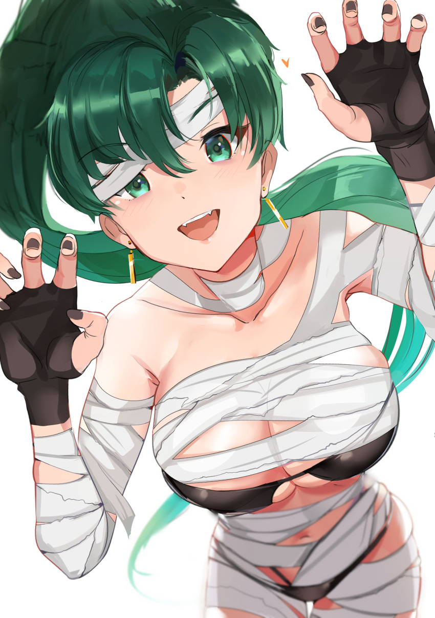 1girl absurdres bandage bangs bikini black_bikini breasts collarbone commentary_request eyebrows_visible_through_hair fangs fingerless_gloves fingernails fire_emblem fire_emblem:_rekka_no_ken fire_emblem_heroes gloves green_eyes green_hair halloween_costume highres large_breasts lips long_hair looking_at_viewer lyndis_(fire_emblem) mummy mummy_costume nail_polish navel nintendo open_mouth ormille ponytail simple_background smile solo swimsuit white_background