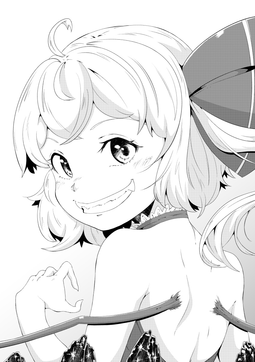 1girl absurdres ahoge back backless_outfit bare_shoulders bow crystal fangs flandre_scarlet from_behind greyscale grin hair_bow halterneck hand_up highres koujouchou long_hair looking_at_viewer looking_back monochrome shoulder_blades side_ponytail smile solo touhou upper_body wings