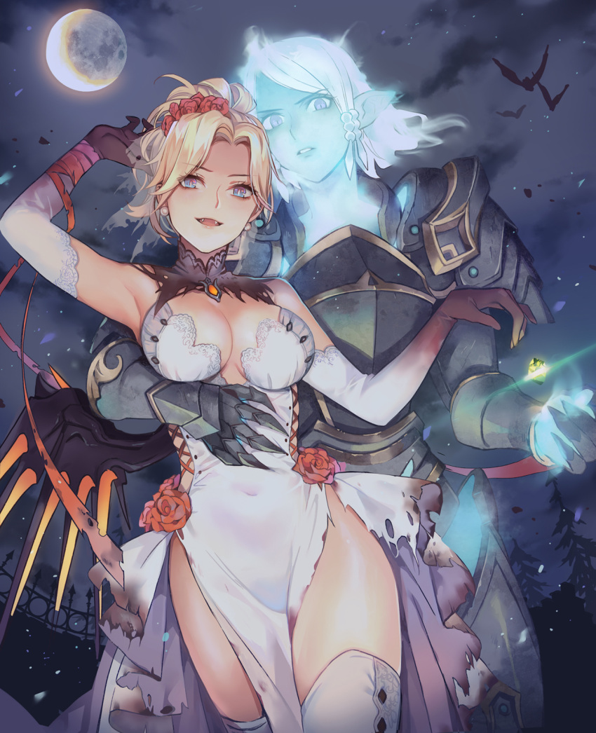 2girls arm_around_waist armor aura bat blonde_hair breasts cleavage dirty dress elbow_gloves fangs flying gauntlets gloves glowing halloween highres lace_trim lino_chang looking_at_viewer mechanical_wings mercy_(overwatch) moon multiple_girls night night_sky open_mouth overwatch parted_lips pharah_(overwatch) pointy_ears sky slit_pupils thigh-highs torn_clothes torn_dress vampire white_dress white_gloves white_legwear wings yuri