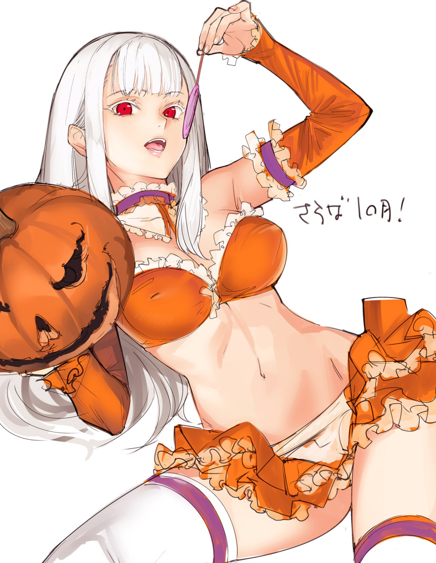 1girl adapted_costume alternate_color bangs bikini_top breasts candy capcom_fighting_jam choker cleavage commentary_request detached_collar detached_sleeves food frills fruit halloween highres ingrid jack-o'-lantern lollipop looking_at_viewer medium_breasts microskirt no_hat no_headwear open_mouth orange orange_bikini_top orange_skirt orange_sleeves pinky_out red_eyes sketch skirt solo swirl_lollipop tetsu_(kimuchi) thigh-highs white_background white_hair white_legwear zettai_ryouiki