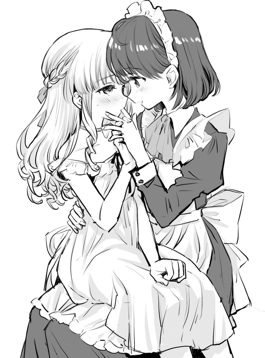 2girls amezawa_koma apron blush braid choker commentary_request dress finger_sucking from_side half_updo hand_holding hand_on_another's_hip highres long_hair maid maid_apron maid_headdress multiple_girls off_shoulder original profile short_hair sitting sitting_on_lap sitting_on_person sketch yuri