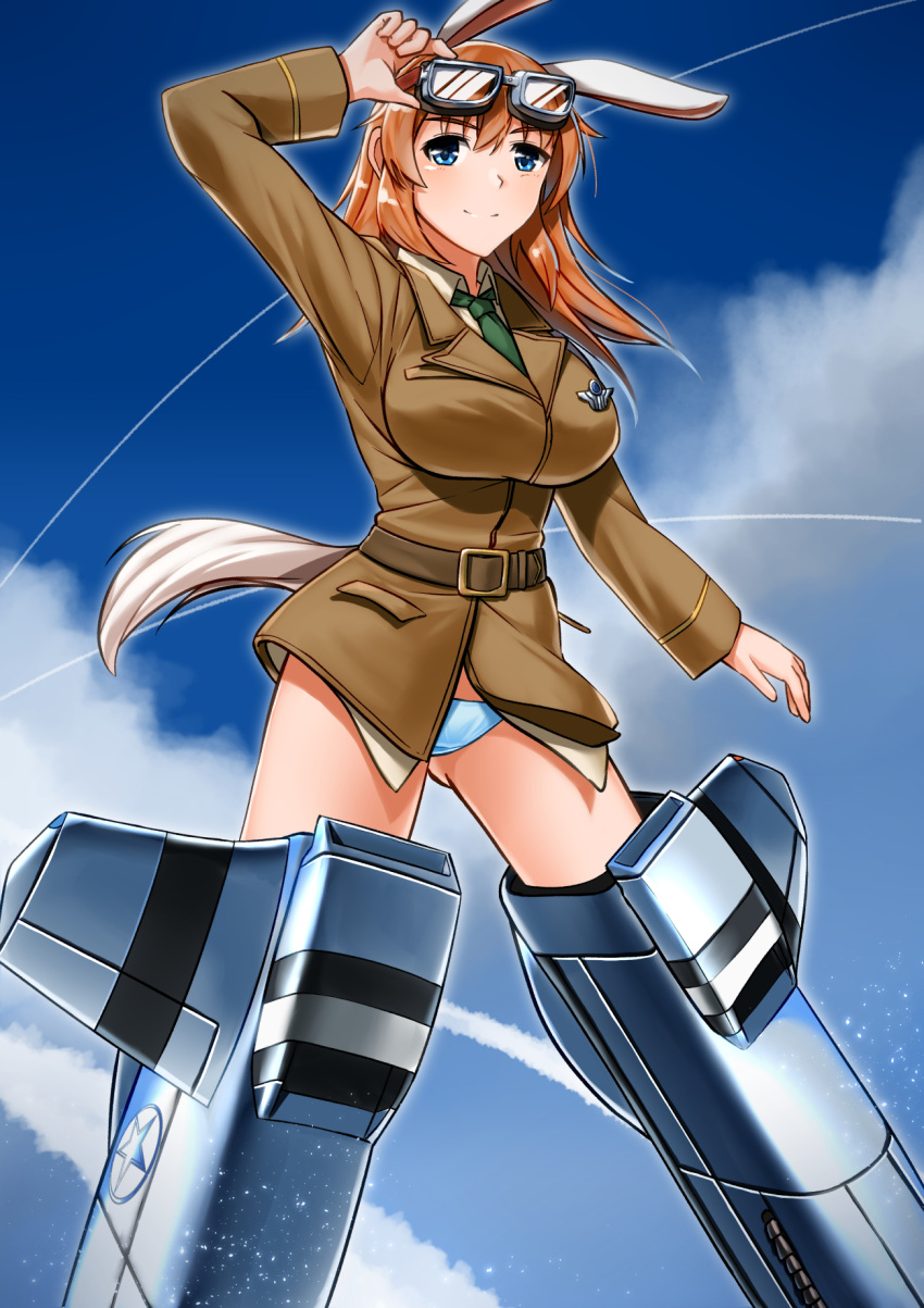 1girl animal_ears blue_eyes blush breasts brown_hair bunny_tail charlotte_e_yeager clouds cloudy_sky eyebrows eyebrows_visible_through_hair goggles goggles_on_head green_neckwear highres hiroshi_(hunter-of-kct) large_breasts military military_uniform necktie panties rabbit_ears shiny shiny_hair shiny_skin sky smile solo strike_witches striker_unit tail underwear uniform white_panties world_witches_series