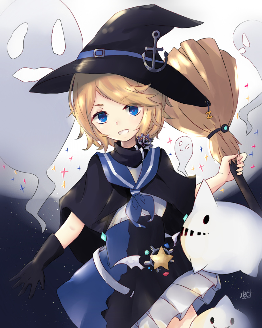 1girl anchor blonde_hair blue_eyes broom commentary_request full_moon ghost gloves halloween halloween_costume hat highres looking_at_viewer moon short_hair solo witch_hat z16_friedrich_eckoldt_(zhan_jian_shao_nyu) zhan_jian_shao_nyu