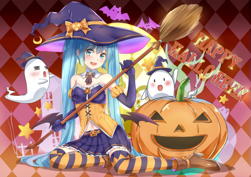 1girl :d =_= absurdres aqua_eyes aqua_hair argyle argyle_background bangs bare_shoulders bat belt blush boots bow bowtie broom brown_footwear collarbone commentary crescent detached_collar elbow_gloves eyebrows_visible_through_hair frilled_skirt frills full_body ghost gloves halloween halloween_costume happy_halloween hat hatsune_miku head_tilt high_heel_boots high_heels highres holding holding_broom jack-o'-lantern koi0806 long_hair looking_at_viewer low_wings miniskirt navel open_mouth orange_legwear orange_neckwear pleated_skirt pumpkin purple_gloves purple_hat purple_legwear purple_neckwear purple_skirt sidelocks sitting skirt smile solo star strapless striped_neckwear twintails two-tone_legwear two-tone_neckwear upper_teeth very_long_hair vocaloid wings witch witch_hat x_x yokozuwari