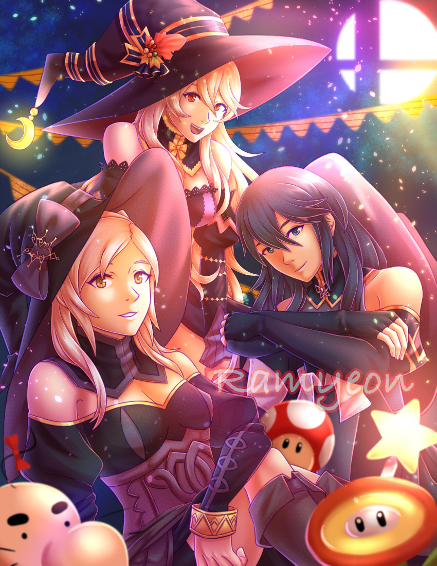 3girls absurdres artist_request blue_hair blush candy cape dress female_my_unit_(fire_emblem:_kakusei) female_my_unit_(fire_emblem_if) fire_emblem fire_emblem:_kakusei fire_emblem_heroes fire_emblem_if food hair_between_eyes hairband halloween hat highres long_hair looking_at_viewer lucina mamkute multiple_girls my_unit_(fire_emblem:_kakusei) my_unit_(fire_emblem_if) nintendo open_mouth pointy_ears pumpkin red_eyes silver_hair simple_background smile super_smash_bros. super_smash_bros._ultimate tiara twintails white_hair