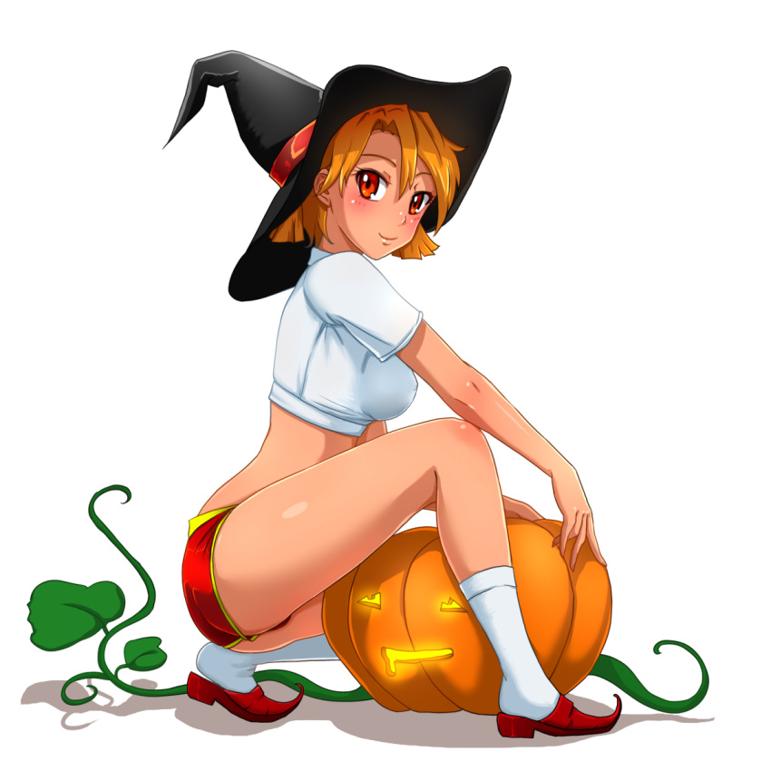 1girl breasts commentary crop_top dvach-tan english_commentary everlasting_summer from_side full_body hair_between_eyes hat highres huyase jack-o'-lantern looking_at_viewer medium_breasts orange_hair plant pumpkin red_eyes red_footwear shirt shoes short_hair short_shorts short_sleeves shorts simple_background smile socks solo vines white_background white_legwear white_shirt witch_hat