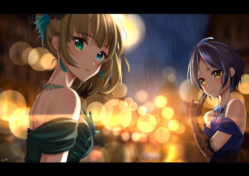 2girls bangs blue_dress blue_eyes blue_feathers blue_hair blurry blurry_background blush breasts brown_gloves brown_hair collarbone dress earrings elbow_gloves feathers gloves green_dress green_eyes hayami_kanade heterochromia highres idolmaster idolmaster_cinderella_girls jewelry lens_flare looking_at_viewer medium_breasts multiple_girls mysterious_eyes_(idolmaster) necklace night off-shoulder_dress off_shoulder outdoors parted_bangs parted_lips print_gloves rain short_hair sideboob signature sleeveless sleeveless_dress takagaki_kaede upper_body wasabi_(mecha_karai) yellow_eyes