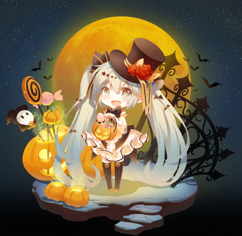 1girl :d bangs black_bow black_hat black_legwear blue_eyes blue_hair blush bow candy candy_wrapper chibi chinese_commentary commentary_request dress eyebrows_visible_through_hair fence food full_moon hair_between_eyes hair_bow halloween halloween_basket hands_up hat hatsune_miku highres holding jack-o'-lantern lollipop long_hair looking_at_viewer moon night night_sky open_mouth outdoors pigeon-toed pleated_dress shangguan_feiying sidelocks sky smile solo standing star star_(sky) starry_sky striped striped_bow striped_legwear swirl_lollipop thigh-highs tilted_headwear top_hat twintails vertical-striped_legwear vertical_stripes very_long_hair vocaloid white_dress