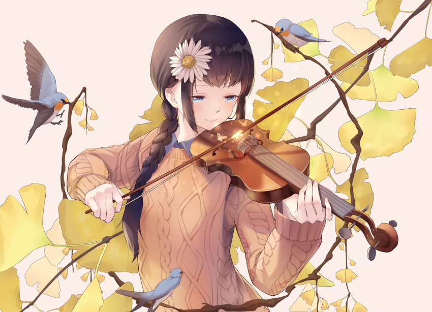 1girl animal autumn_leaves bangs bird black_hair blue_hair blush braid brown_sweater closed_mouth commentary_request duoyu_zhuan_qing flower ginkgo ginkgo_leaf hair_flower hair_ornament hair_over_shoulder instrument long_hair long_sleeves music original partial_commentary pink_background playing_instrument ribbed_sweater sidelocks simple_background single_braid smile solo sweater upper_body violin white_flower