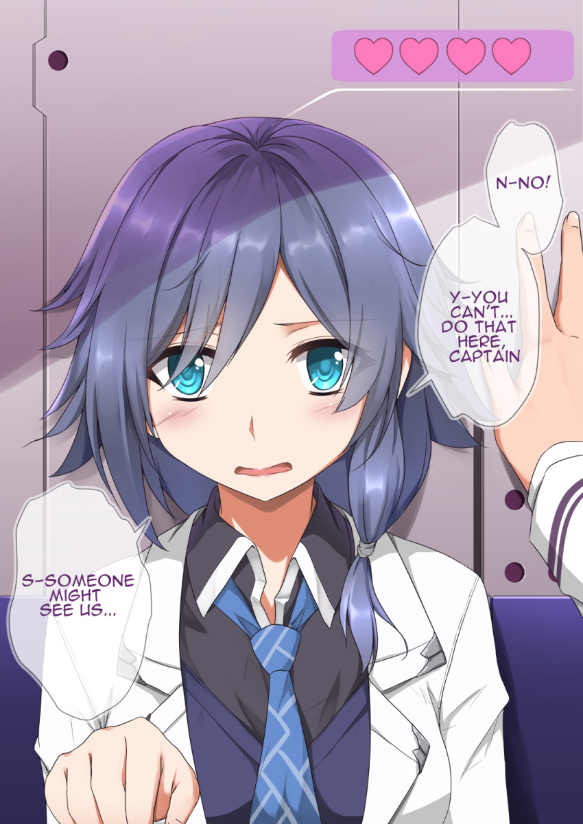 1girl bangs blue_eyes blue_neckwear blue_vest blush breasts collared_shirt commentary embarrassed eyebrows_visible_through_hair eyes_visible_through_hair fuka_(honkai_impact) gameplay_mechanics grey_shirt hair_between_eyes hand_up heart highres honkai_impact jacket long_hair looking_at_viewer low_ponytail medium_breasts necktie night_squire_(honkai_impact) open_mouth sheita shirt sidelocks striped_neckwear tied_hair vest wall_slam white_jacket