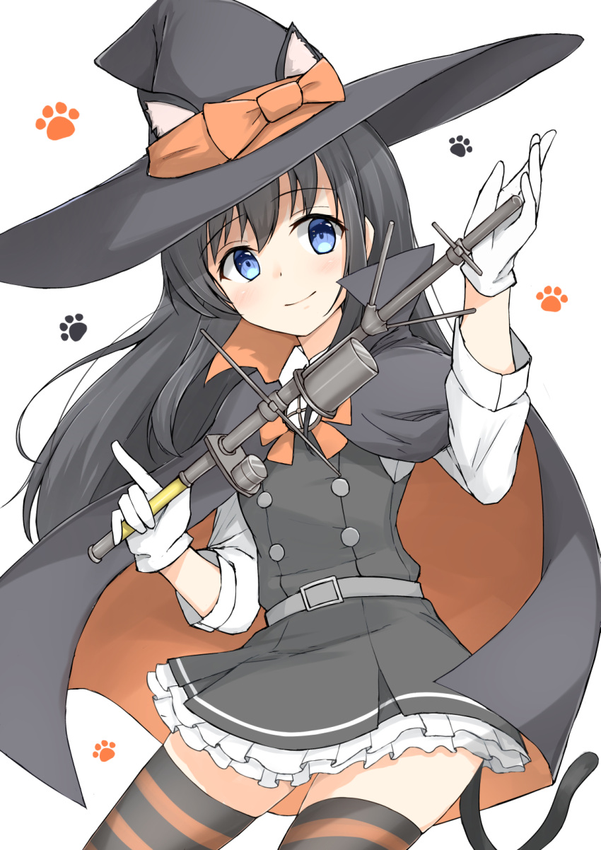 1girl animal_ears asashio_(kantai_collection) belt black_hair blue_eyes buttons cape cat_ears cat_tail dress fake_animal_ears gloves halloween hat highres kantai_collection long_hair long_sleeves looking_at_viewer neck_ribbon paw_background pinafore_dress pleated_skirt red_ribbon remodel_(kantai_collection) ribbon sakikumo_(sakumo) shirt skirt smile solo staff striped striped_legwear tail thigh-highs white_background white_gloves white_shirt witch_hat