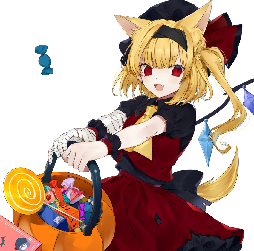 1girl :d absurdres animal_ear_fluff animal_ears ascot bandage bandaged_arm bandages bangs basket black_hairband black_hat black_shirt blonde_hair candy commentary cowboy_shot crystal daimaou_ruaeru eyebrows_visible_through_hair fangs flandre_scarlet food frilled_shirt_collar frills hairband hat hat_ribbon highres holding holding_basket lollipop long_hair looking_at_viewer mob_cap one_side_up open_mouth petticoat puffy_short_sleeves puffy_sleeves red_eyes red_ribbon red_skirt red_vest remilia_scarlet ribbon shirt short_sleeves simple_background skirt skirt_set smile solo symbol_commentary tail touhou vest white_background wings wolf_ears wolf_tail wrist_cuffs yellow_neckwear