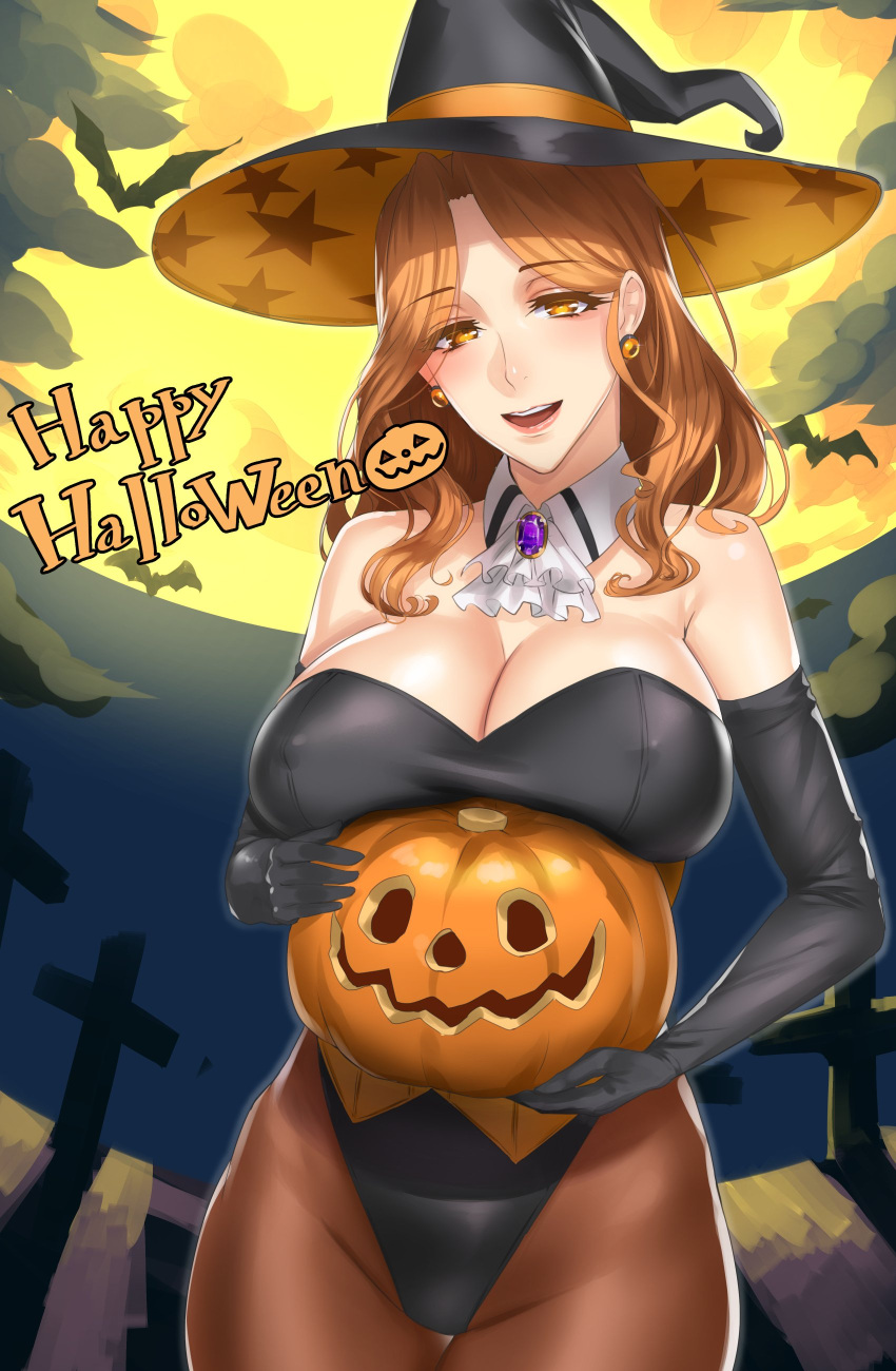 1girl absurdres animal bangs bare_shoulders bat black_gloves black_leotard breasts brown_hair cleavage clouds covered_nipples cross daglasses detached_collar earrings elbow_gloves eyebrows_visible_through_hair gem gloves halloween happy_halloween hat highres holding jack-o'-lantern jewelry large_breasts leotard lips long_hair looking_at_viewer moon night night_sky open_mouth original outdoors pantyhose parted_bangs pumpkin sky smile solo star star_print strapless strapless_leotard witch_hat yellow_eyes