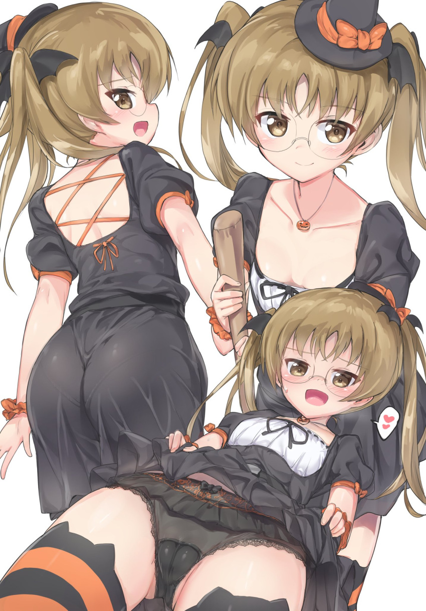 1girl ass blonde_hair blush breasts broom brown_eyes collarbone debutya_aki dutch_angle girls_und_panzer glasses halloween halloween_costume heart highres looking_at_viewer looking_to_the_side open_mouth panties skirt skirt_lift small_breasts spoken_heart thigh-highs twintails underwear