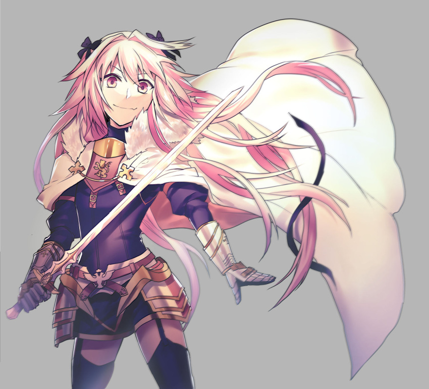 1boy androgynous astolfo_(fate) black_bow black_legwear bow cape eyebrows_visible_through_hair fate/apocrypha fate_(series) faulds floating_hair garters gauntlets grey_background hair_between_eyes hair_bow highres holding holding_sword holding_weapon long_hair looking_at_viewer male_focus miniskirt otoko_no_ko pink_eyes pink_hair simple_background skirt smile solo standing sword takasaki_(rock_rock) thigh-highs very_long_hair weapon white_cape
