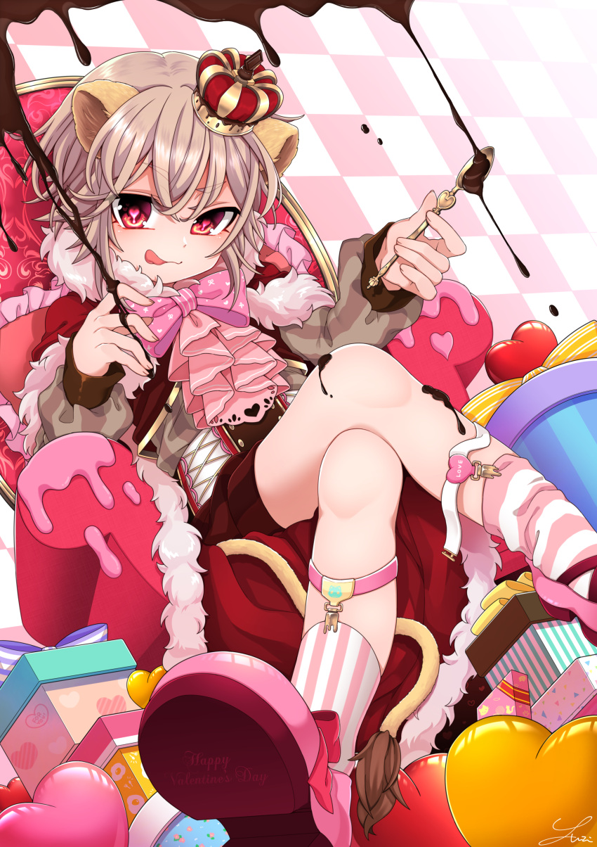 1boy :p absurdres animal_ears blush chocolate crown happy_valentine heart heart-shaped_pupils highres legs_crossed looking_at_viewer male_focus mary_janes original pink_hair prince red_eyes shoes spoon symbol-shaped_pupils tongue tongue_out wenaka_yuuji