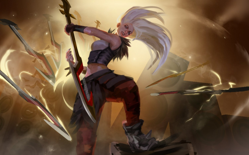 1girl alternate_costume blue_eyes boots gloves guitar holding holding_weapon instrument irelia league_of_legends long_hair pentakill sketch solo speaker spikes suqling weapon white_hair