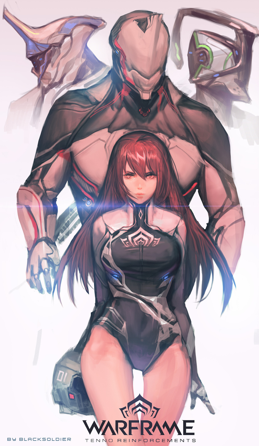 2boys 2girls absurdres behind_another black_soldier bodysuit breasts closed_mouth excalibur_(warframe) frost_(warframe) headwear_removed helmet helmet_removed highres large_breasts logo long_hair looking_at_viewer multiple_boys multiple_girls nyx_(warframe) operator_(warframe) red_eyes redhead standing tagme warframe