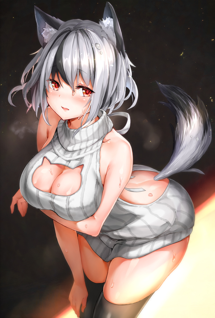 1girl absurdres animal_ear_fluff animal_ears arched_back arm_under_breasts ass backless_outfit bangs bare_arms bare_shoulders black_hair breast_hold breasts brown_legwear cat_cutout cleavage cleavage_cutout commentary_request eyebrows_visible_through_hair grey_hair grey_sweater hair_between_eyes hand_on_leg highres large_breasts leaning_forward looking_at_viewer maeshimashi meme_attire multicolored_hair original parted_lips ribbed_sweater sleeveless sleeveless_turtleneck solo streaked_hair sweat sweater tail tail_raised thigh-highs turtleneck turtleneck_sweater virgin_killer_sweater wolf_ears wolf_girl wolf_tail