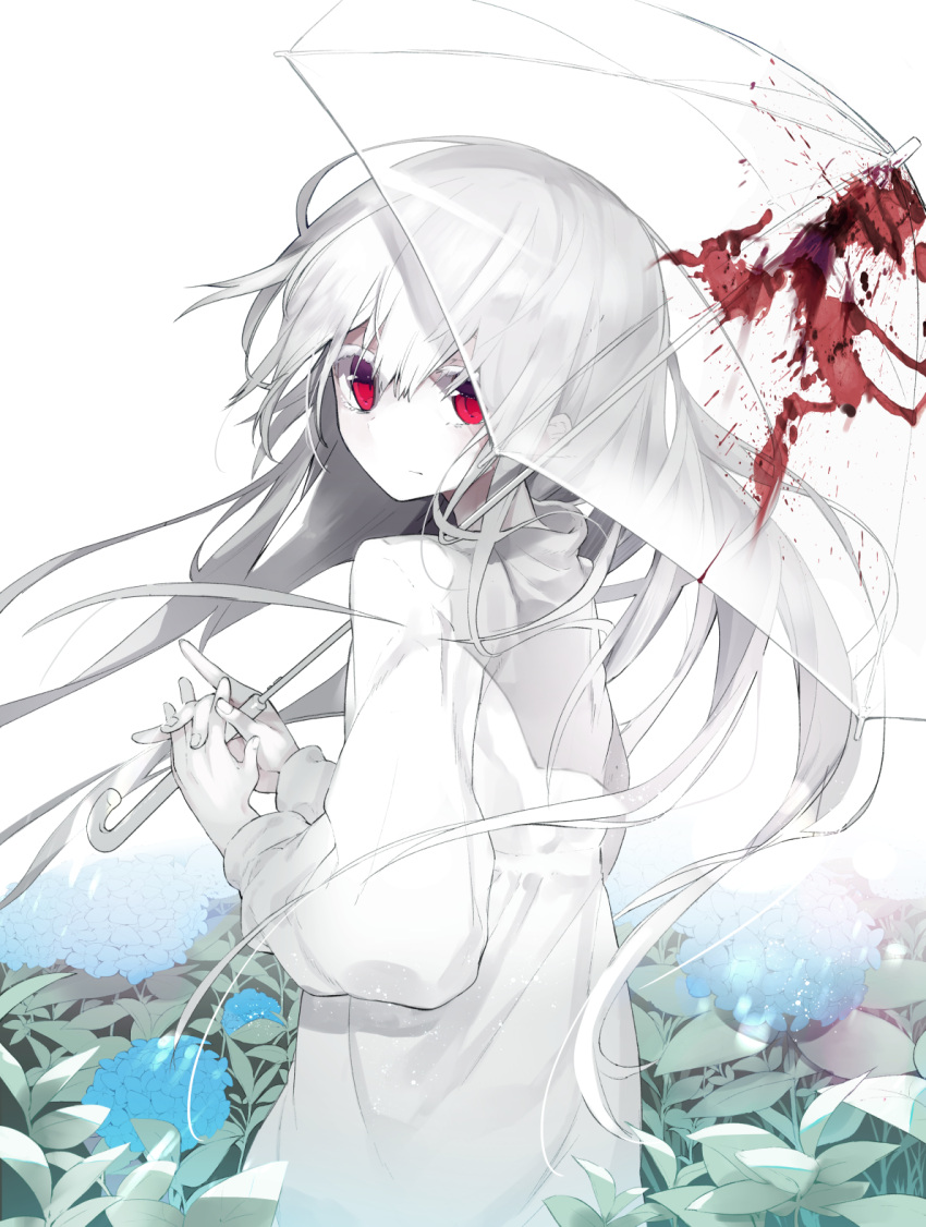 1girl aki_maki_yuu blood blood_splatter blue_flower closed_mouth commentary_request dress expressionless eyelashes fingernails floating_hair flower from_behind highres holding holding_umbrella long_hair long_sleeves looking_at_viewer looking_back original pale_skin red_eyes solo umbrella white white_background white_dress white_hair