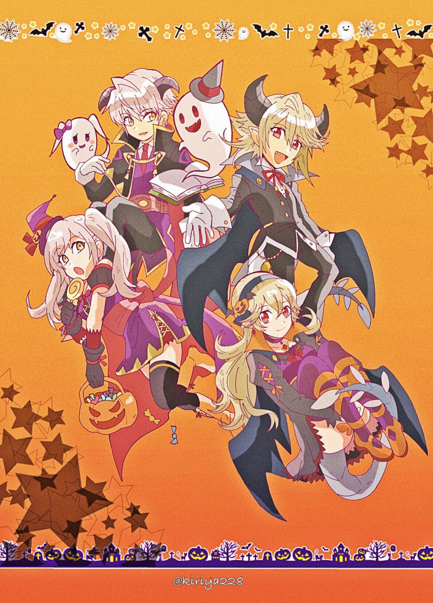 2boys 2girls blush cape female_my_unit_(fire_emblem_if) fire_emblem fire_emblem:_kakusei fire_emblem_heroes fire_emblem_if ghost gloves hairband halloween highres horns kiriya_(552260) long_hair looking_at_viewer male_my_unit_(fire_emblem:_kakusei) male_my_unit_(fire_emblem_if) mamkute multiple_boys multiple_girls my_unit_(fire_emblem:_kakusei) my_unit_(fire_emblem_if) nintendo open_mouth pointy_ears pumpkin red_eyes short_hair simple_background smile thigh-highs twintails white_hair