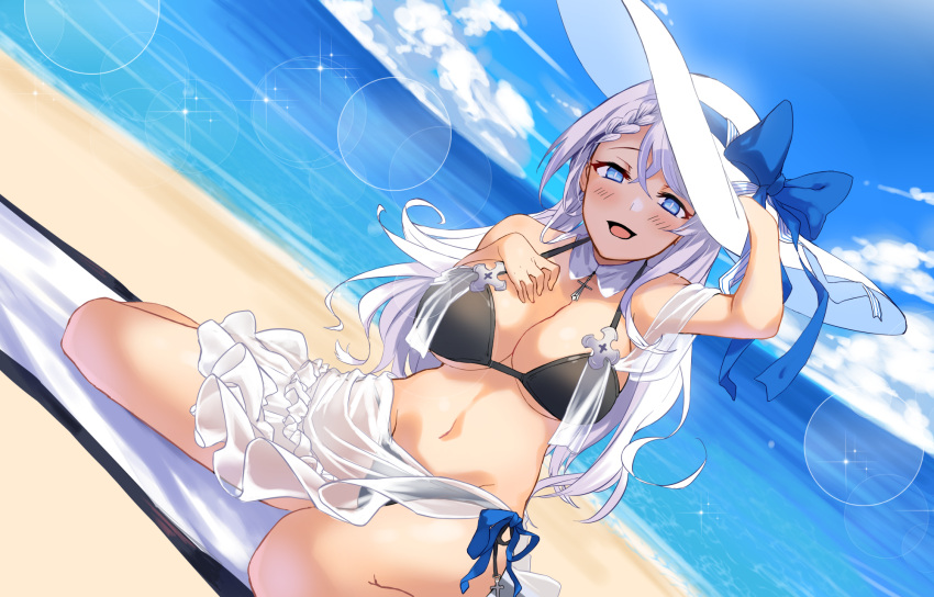 1girl alternate_costume azur_lane bangs beach beach_mat bikini black_bikini blue_eyes blue_sky blush braid breasts clouds day floating_hair ganesagi hair_ribbon hand_on_headwear hat highres large_breasts long_hair looking_at_viewer navel ocean open_mouth outdoors ribbon sand sarong see-through sidelocks sitting sky smile solo stomach sun_hat swimsuit very_long_hair vestal_(azur_lane) wariza wind