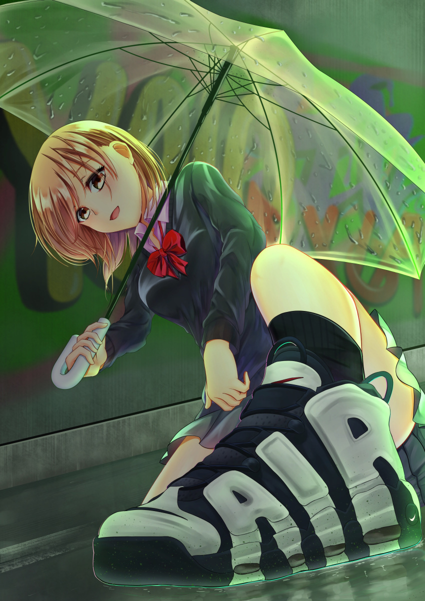 1girl :d absurdres bow brown_eyes brown_hair foreshortening grey_skirt highres kneeling looking_at_viewer makasamalove open_mouth outdoors rain red_bow school_uniform shoes sidewalk skirt smile sneakers solo thighs transparent transparent_umbrella umbrella uniform