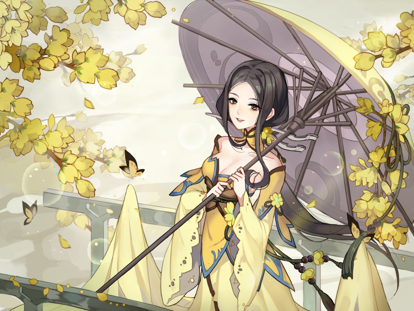 1girl absurdres bangs bare_shoulders black_eyes black_hair breasts bug butterfly chunfeng_jushi cleavage cowboy_shot detached_collar dress hair_ribbon highres holding holding_umbrella insect leaf lens_flare long_hair looking_at_viewer outdoors parted_bangs railing ribbon smile solo spring_(season) standing tree umbrella wide_sleeves yellow_dress