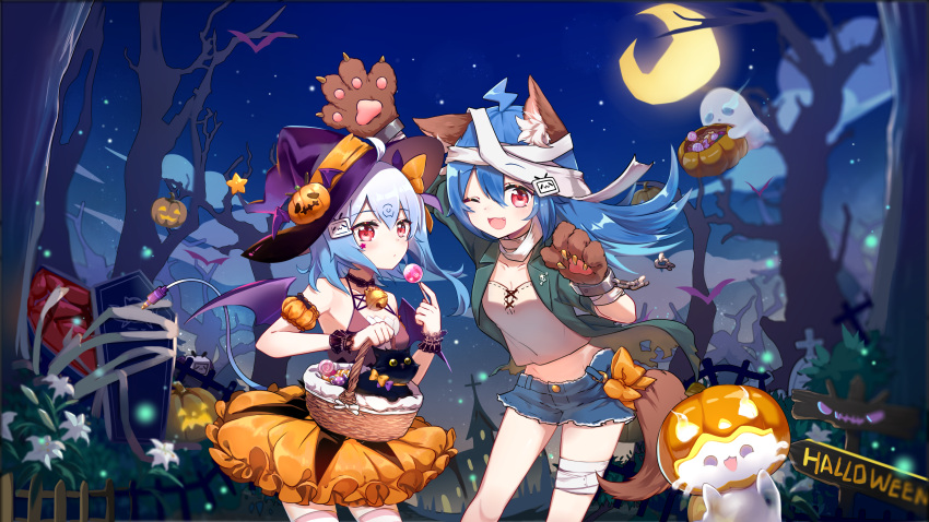 2girls ;d absurdres ahoge animal animal_ear_fluff animal_ears arm_up bandage bandaged_head bandaged_leg bandages bangs bare_shoulders bare_tree basket bat_wings bili_girl_22 bili_girl_33 bilibili_douga black_camisole black_cat blue_hair blue_shorts blush bow breasts camisole candy cat closed_mouth clouds coffin collarbone commentary_request crescent_moon detached_sleeves eyebrows_visible_through_hair facial_mark fang flot food frilled_skirt frills ghost gloves green_jacket hair_between_eyes hair_bow hair_ornament halloween halloween_basket hat highres holding holding_basket holding_food holding_lollipop jack-o'-lantern jacket leaning_forward lollipop long_hair midriff moon multiple_girls navel night night_sky one_eye_closed open_clothes open_jacket open_mouth orange_bow orange_skirt outdoors paw_gloves paws pleated_skirt puffy_short_sleeves puffy_sleeves purple_hat purple_wings red_eyes shirt short_shorts short_sleeves shorts sign skirt sky small_breasts smile standing star star_(sky) starry_sky swirl_lollipop tail tilted_headwear torn_clothes torn_jacket tree white_shirt wings witch_hat wolf_ears wolf_girl wolf_tail wrist_cuffs