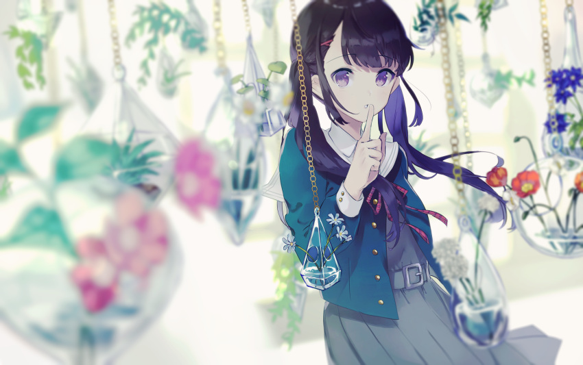 1girl bangs belt black_hair blazer blue_flower blue_jacket blurry blurry_background blurry_foreground buttons chains commentary_request cowboy_shot day depth_of_field dress finger_to_mouth floating_hair flower grey_dress hair_ornament hairclip hand_up hanging_plant indoors jacket kusaka_kou leaf long_hair long_sleeves looking_at_viewer neck_ribbon open_clothes open_jacket original parted_lips pink_flower plaid_neckwear plant pleated_dress red_flower red_neckwear ribbon shushing sidelocks solo standing twintails violet_eyes white_flower wind wind_lift wing_collar