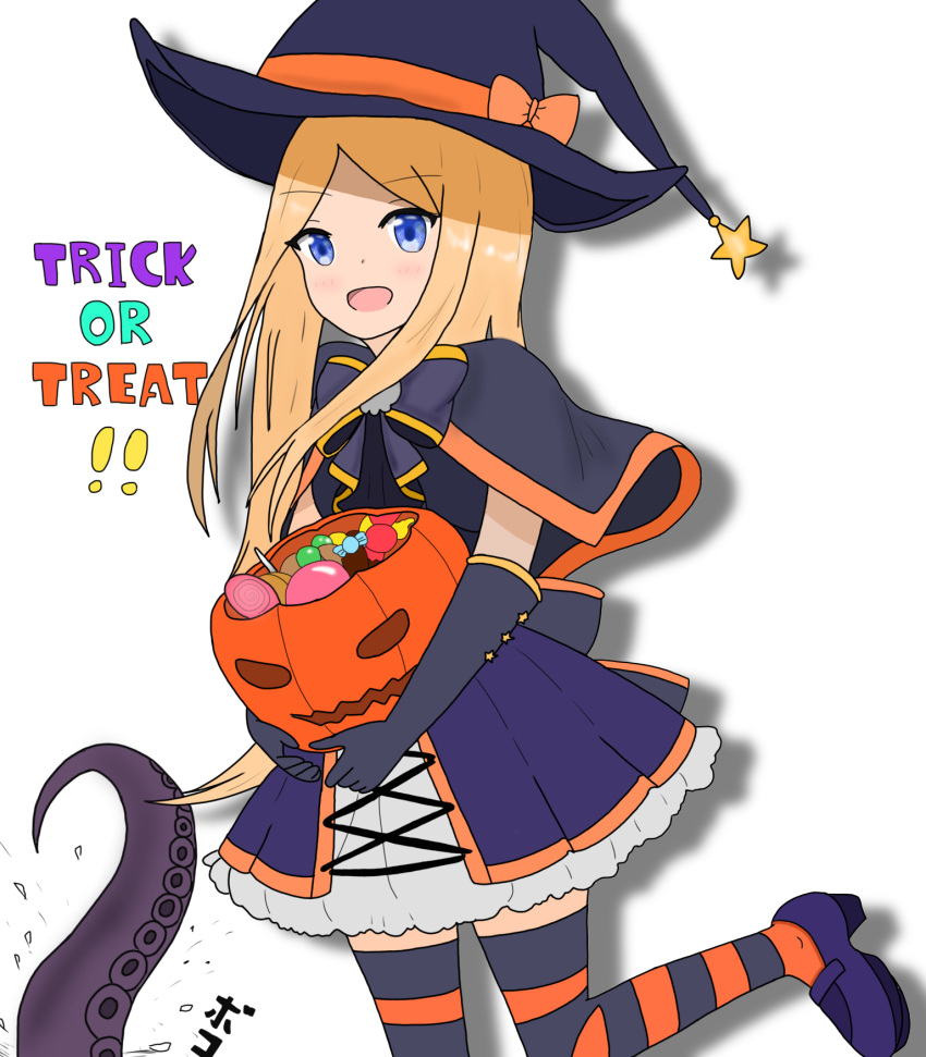 1girl :d abigail_williams_(fate/grand_order) alternate_costume atsumisu bangs black_capelet black_gloves blonde_hair blue_eyes blush candy candy_wrapper capelet commentary_request dress elbow_gloves fate/grand_order fate_(series) food gloves halloween halloween_basket hat highres holding lollipop long_hair looking_at_viewer mary_janes open_mouth parted_bangs pleated_dress purple_dress purple_footwear purple_hat shadow shoes smile solo star striped striped_legwear suction_cups swirl_lollipop tentacle trick_or_treat very_long_hair white_background witch_hat