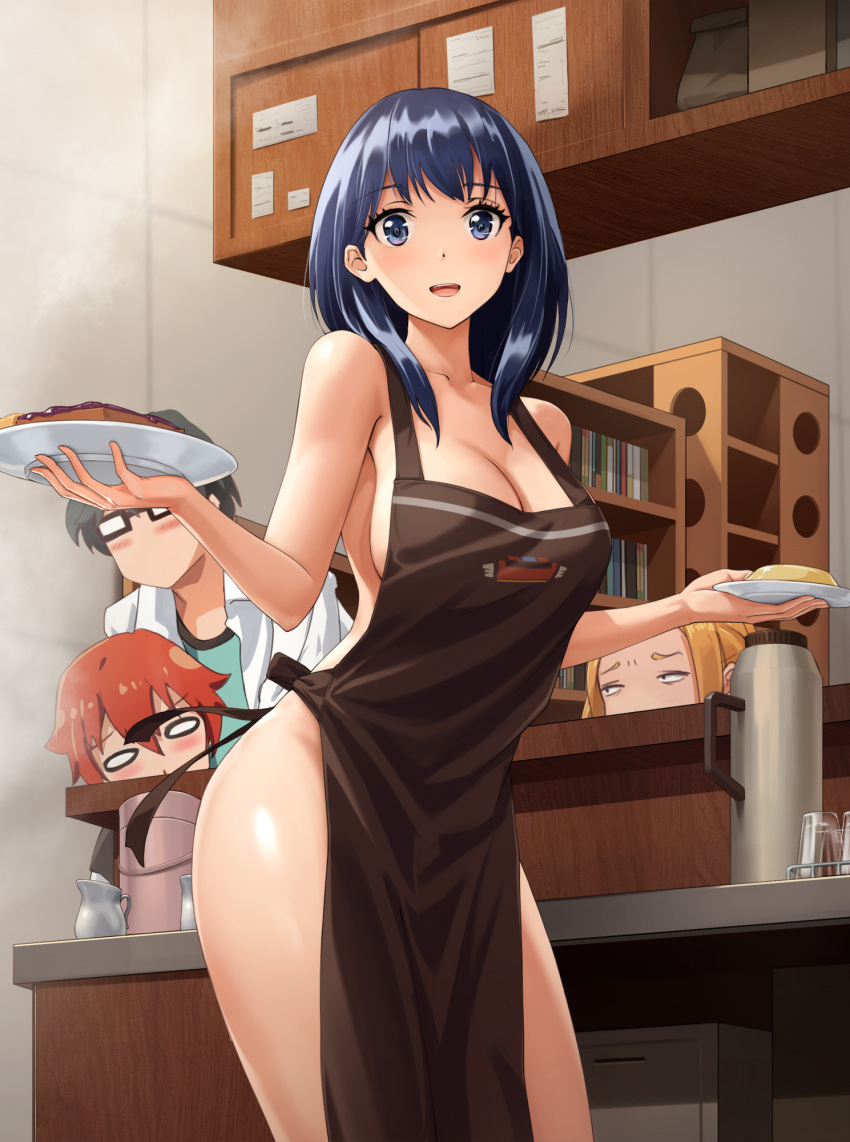 1girl 3boys apron bad_id black-framed_eyewear black_apron black_hair blue_eyes blue_hair blush borr breasts cleavage collarbone commentary_request counter cup drinking_glass eyebrows_visible_through_hair glasses gridman_(character) hair_between_eyes hibiki_yuuta highres holding holding_plate indoors large_breasts looking_at_viewer multiple_boys naked_apron obaoba_(monkeyix) open_mouth plate redhead shelf ssss.gridman takarada_rikka upper_teeth utsumi_shou