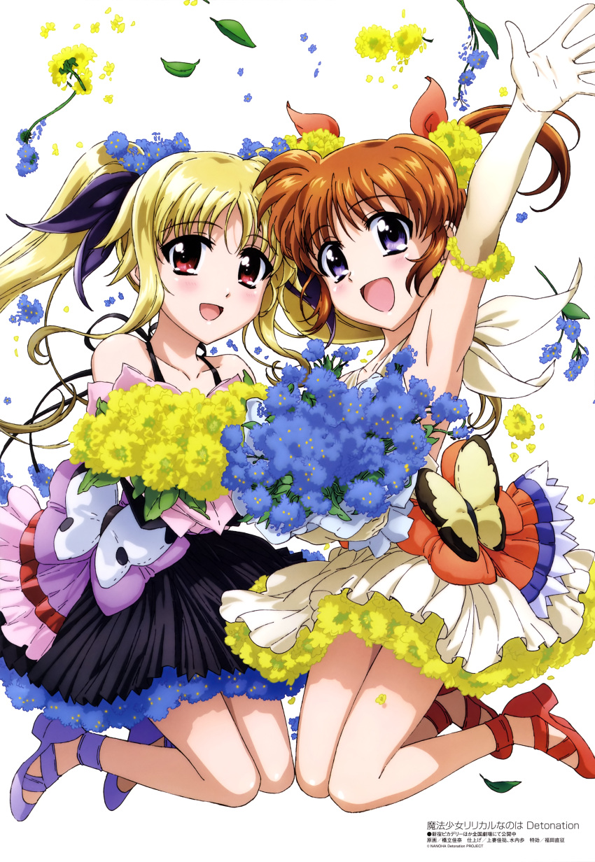 2girls :d absurdres arm_up armpits bangs bare_shoulders black_dress blonde_hair blush bouquet bow brown_hair celebration collarbone confetti dress elbow_gloves eyebrows_visible_through_hair fate_testarossa flower flower_request gloves hair_flower hair_ornament hair_ribbon hashidate_kana highres jumping long_hair looking_at_viewer lyrical_nanoha magazine_scan mahou_shoujo_lyrical_nanoha mahou_shoujo_lyrical_nanoha_detonation multiple_girls official_art open_mouth red_eyes ribbon scan short_twintails sidelocks smile takamachi_nanoha twintails violet_eyes white_background yellow_dress