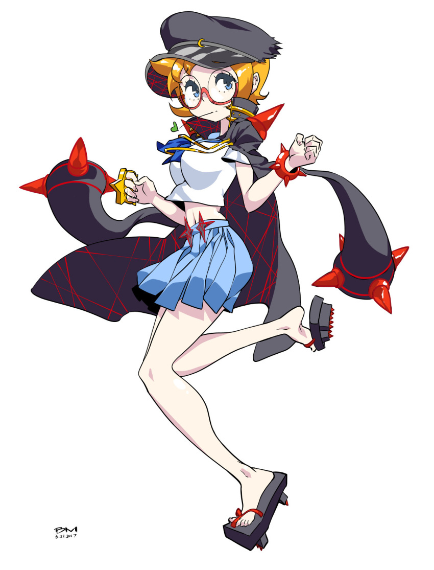1girl alternate_costume bearthemighty black_hat blue_eyes blue_skirt bracelet brass_knuckles breasts clenched_hand dated freckles full_body glasses hat highres initials jacket_on_shoulders jewelry kill_la_kill little_witch_academia lotte_jansson mankanshoku_mako medium_breasts mouth_hold orange_hair short_hair skirt spiked_bracelet spikes standing weapon white_background