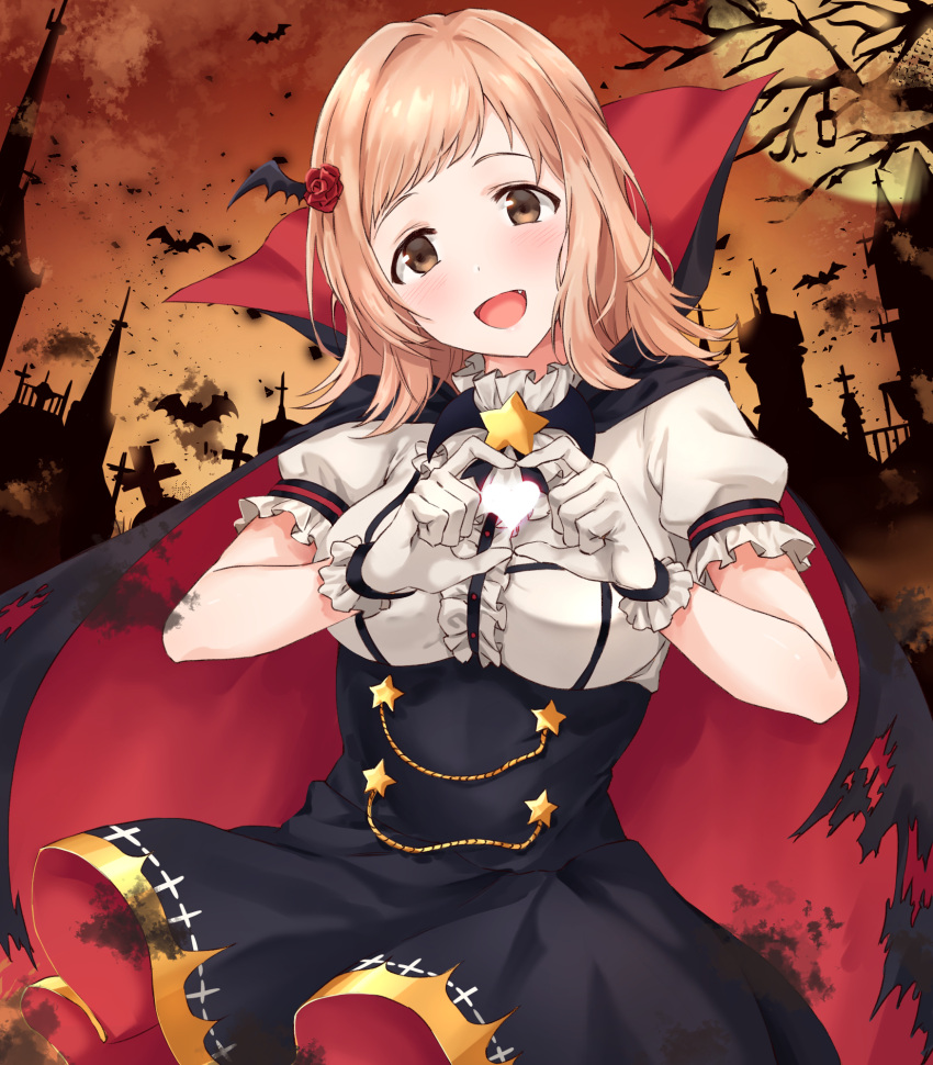 1girl :d bangs bat black_cape black_skirt blush breasts brown_eyes cape center_frills cowboy_shot fang flower frilled_gloves frilled_shirt frilled_sleeves frills full_moon gloves graveyard hair_flower hair_ornament head_wings heart heart_hands high-waist_skirt highres idolmaster idolmaster_shiny_colors light_brown_hair looking_at_viewer medium_breasts medium_hair moon open_mouth orange_sky outdoors puffy_short_sleeves puffy_sleeves red_flower red_rose rose sakuragi_mano shirt short_sleeves sirurabbit skirt sky smile solo star swept_bangs tombstone white_shirt