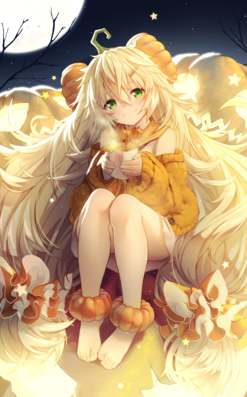 1girl baggy_clothes bangs barefoot blonde_hair blush breasts cardigan commentary cup dress feet food food_themed_hair_ornament full_body full_moon girls_frontline green_eyes hair_between_eyes hair_ornament hair_scrunchie hairclip halloween head_tilt highres holding holding_cup jack-o'-lantern legs_together long_hair looking_at_viewer low-tied_long_hair low_twintails medium_breasts messy_hair moon moon_print neckerchief night night_sky off_shoulder open_cardigan open_clothes orange_sailor_collar orange_scrunchie orange_sweater outdoors pumpkin pumpkin_hair_ornament pumpkin_soup red_neckwear revision s.a.t.8_(girls_frontline) sailor_collar sailor_dress scrunchie sidelocks sitting sky smile solo songchuan_li star star_(sky) star_print starry_sky steam sweater twintails very_long_hair watermark weapon white_dress